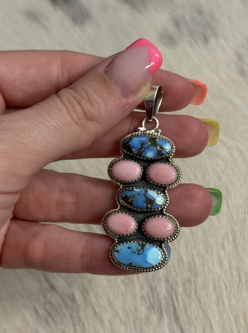 Sterling Silver Golden Hills Turquoise Pink Conch Cluster Pendant Multi-stone